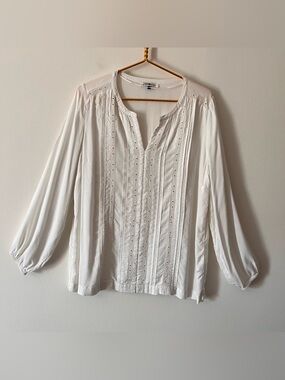 Ivory Hampton Republic Eyelet Sheer Pintuck Peasant Blouse Made in India S